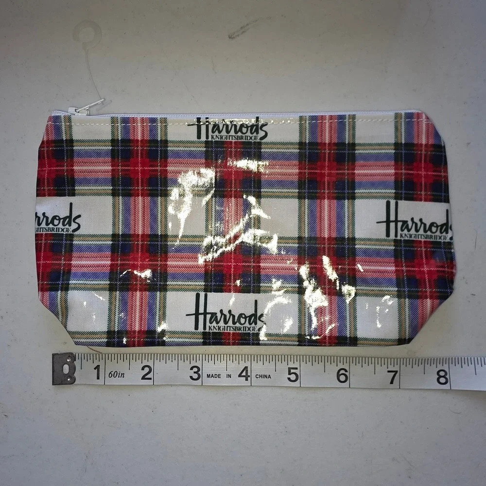 Harrods Knightsbridge Mini Tartan Travel Pouch Plaid Glossy PVC Makeup Bag Red‎
